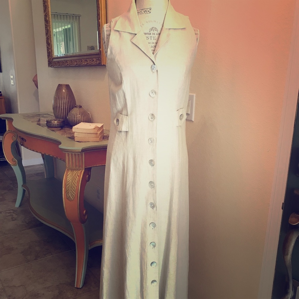 Khaki linen button-down column dress.